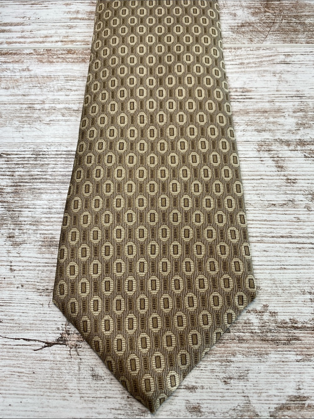 Vintage Perry Ellis Portfolio Silk Necktie Gold Tan Geometric Wide 90s Tie USA